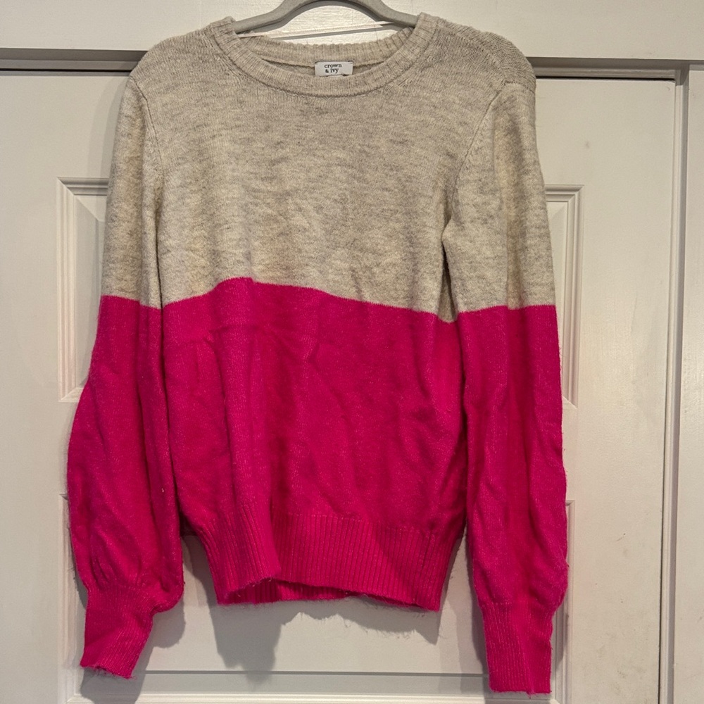 crown & ivy Pink and Gray Women's Crew Neck Sweater